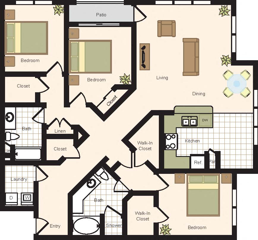 Floor plan for 3 beds, 2 baths, 1830 sqft